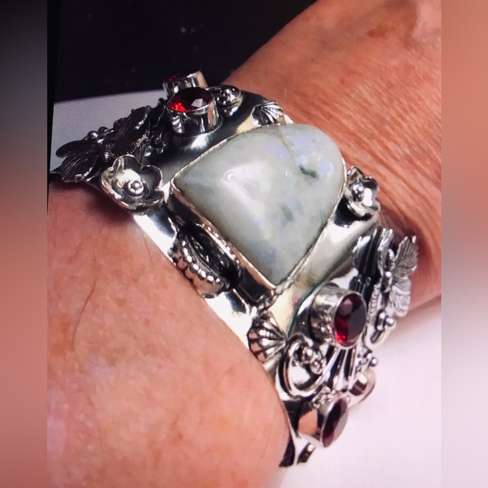 Rainbow Moonstone Garnet 925 Sterling Silver Cuff Bracelet